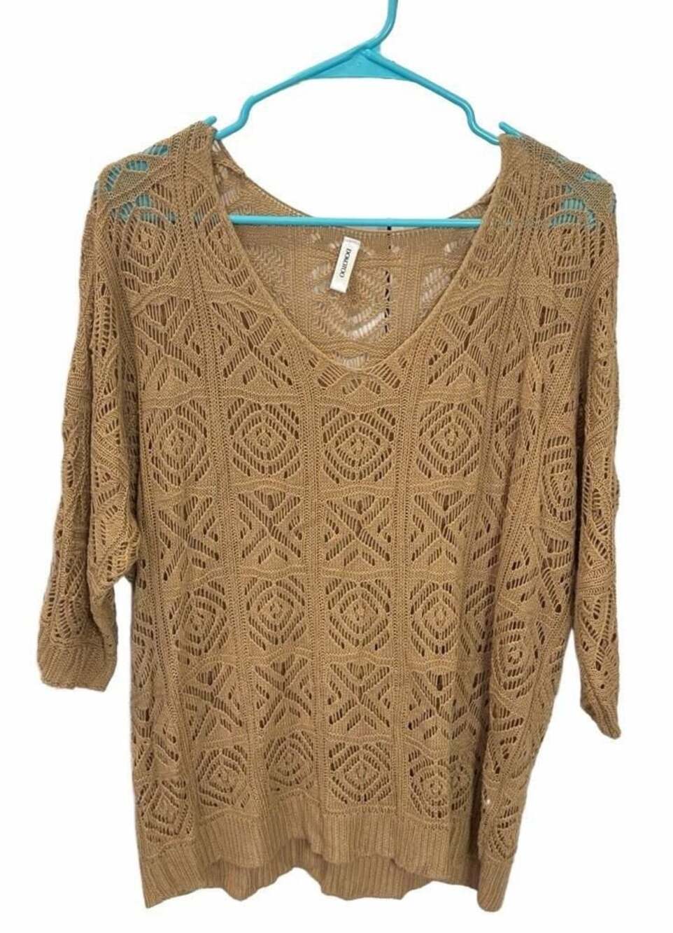 Dokotoo Women's V-Neck Crochet Knit Hollow Out 3/4 Sleeve Sweater Top Khaki
